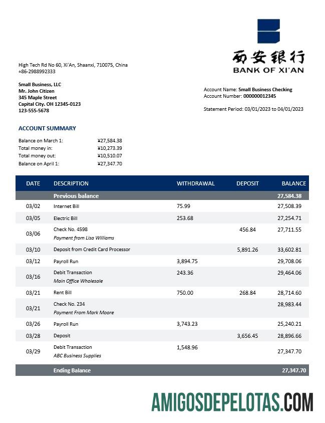 Baixável Bank Of Xi'An Enterprise modelo de extrato de conta Word e PDF